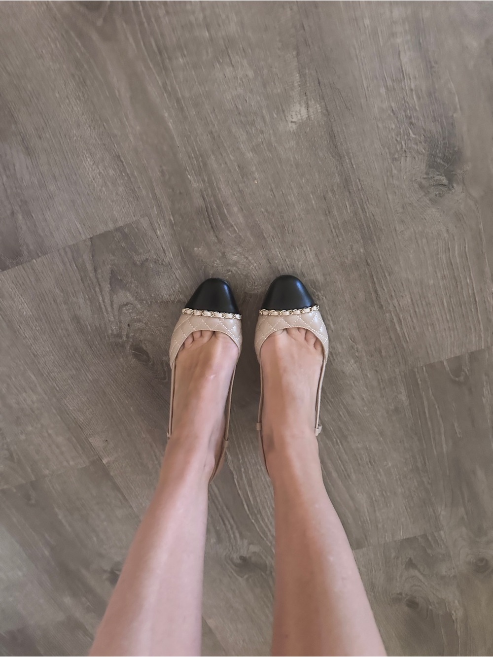 Beige and Black Cap-Toe Women's low heel with Chain Accent